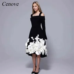 Cenove Square Collar Prom Dress Tea-Length With Long Sleeves Evening Summer Elegant Party Dress For Women