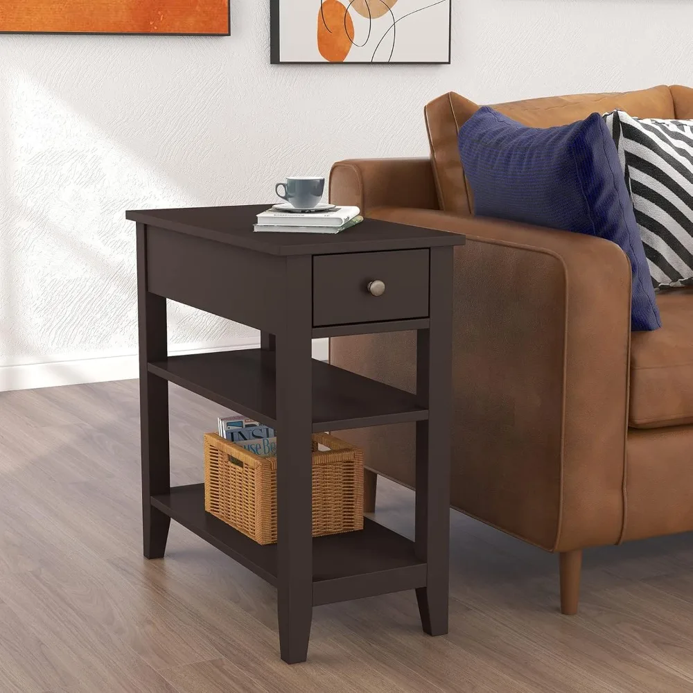 

Side Table Living Room, Narrow End Table with Drawer and Shelf, 3-Tier Sofa End Table for Small Space, Espresso