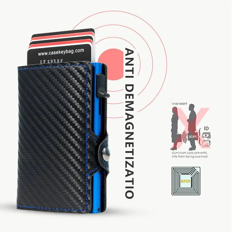 CASEKEY New Men Wallet Anti Rfid Carbon Fiber Leather Pop Up Card Holder Mini Smart Wallet with Coin Purse Billetera Hombre