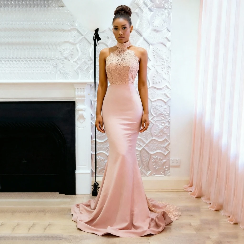 

Customized Sexy Halter Lace Mermaid Evening Dress with Backless Satin Skirt, Elegant Formal Party Bridal Gown Vestidos De Novia
