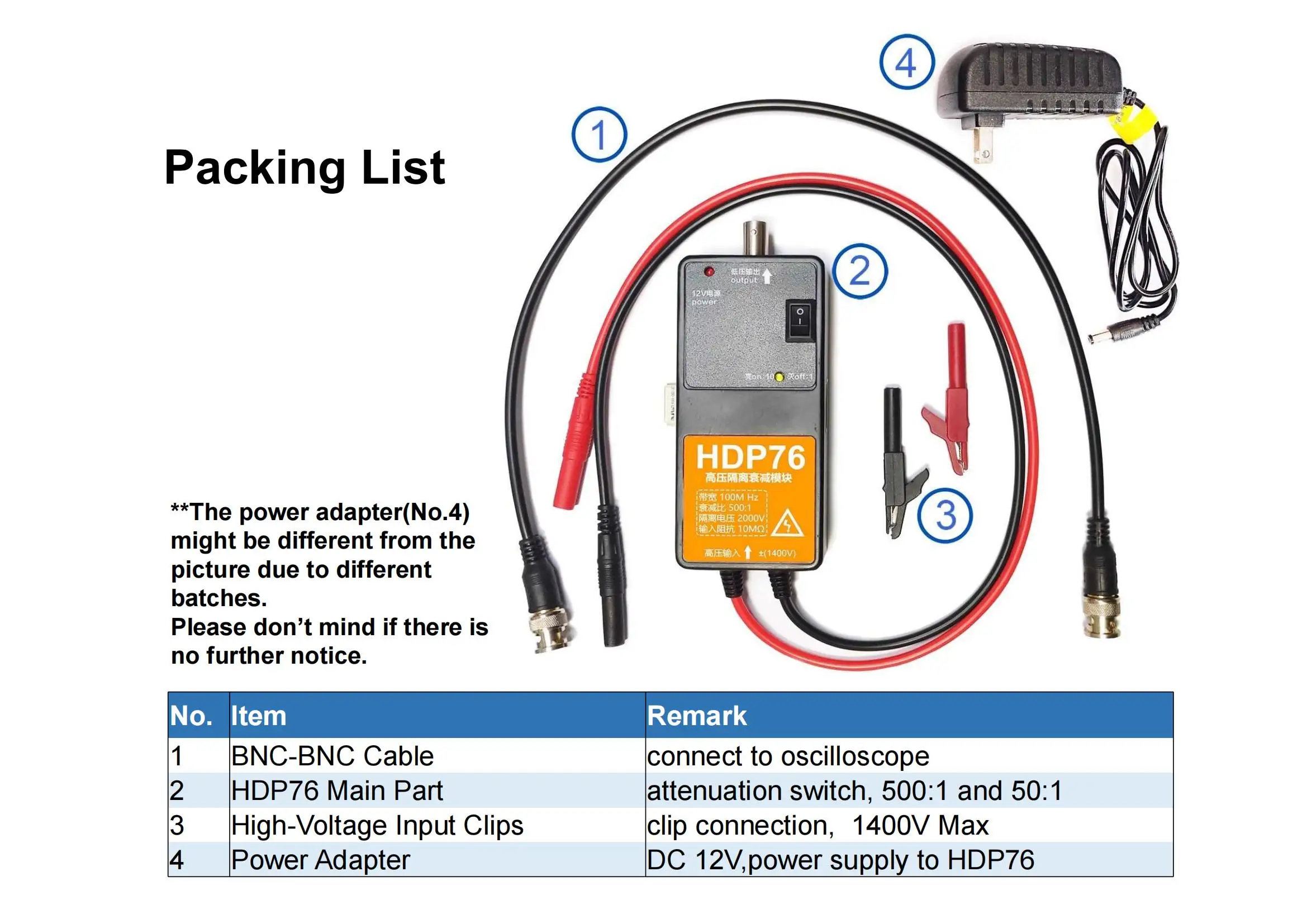 Oscilloscope High Voltage Differential Probe, Model HDP76, 100MHz, 1400V, BNC, Widely Compatible with Different Oscilloscopes.
