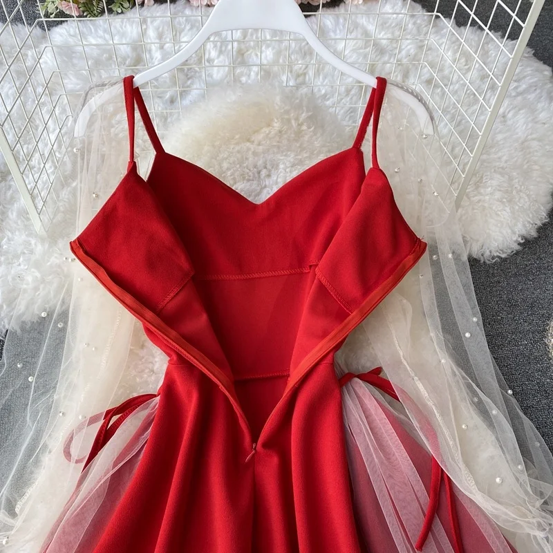 V넥 버블 소매 숏 드레스 미디 기장 A라인 스커트 슬리밍 허리 하이웨이스트 시퀸 레이스 장식 메쉬 패널 드레스