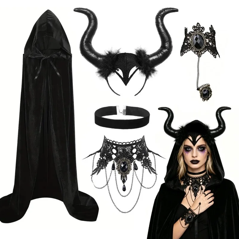 Hooded Medieval Costume Velvet Cloak Cape with Bull Horns Headband with Halloween Party Cosplay Prop,Stylish Costume Decoration