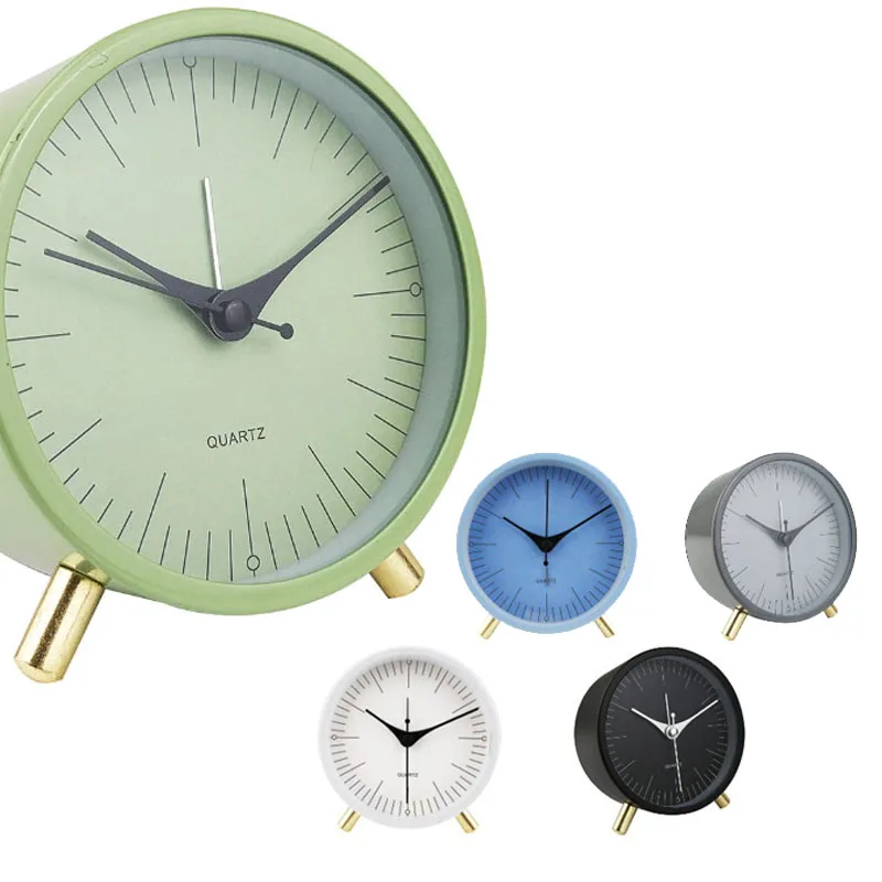 Desk Alarm Clock Bedside Quartz Clock with Legs Round Shape Metal Shell Silent Clocking Sweep Second Simple Design