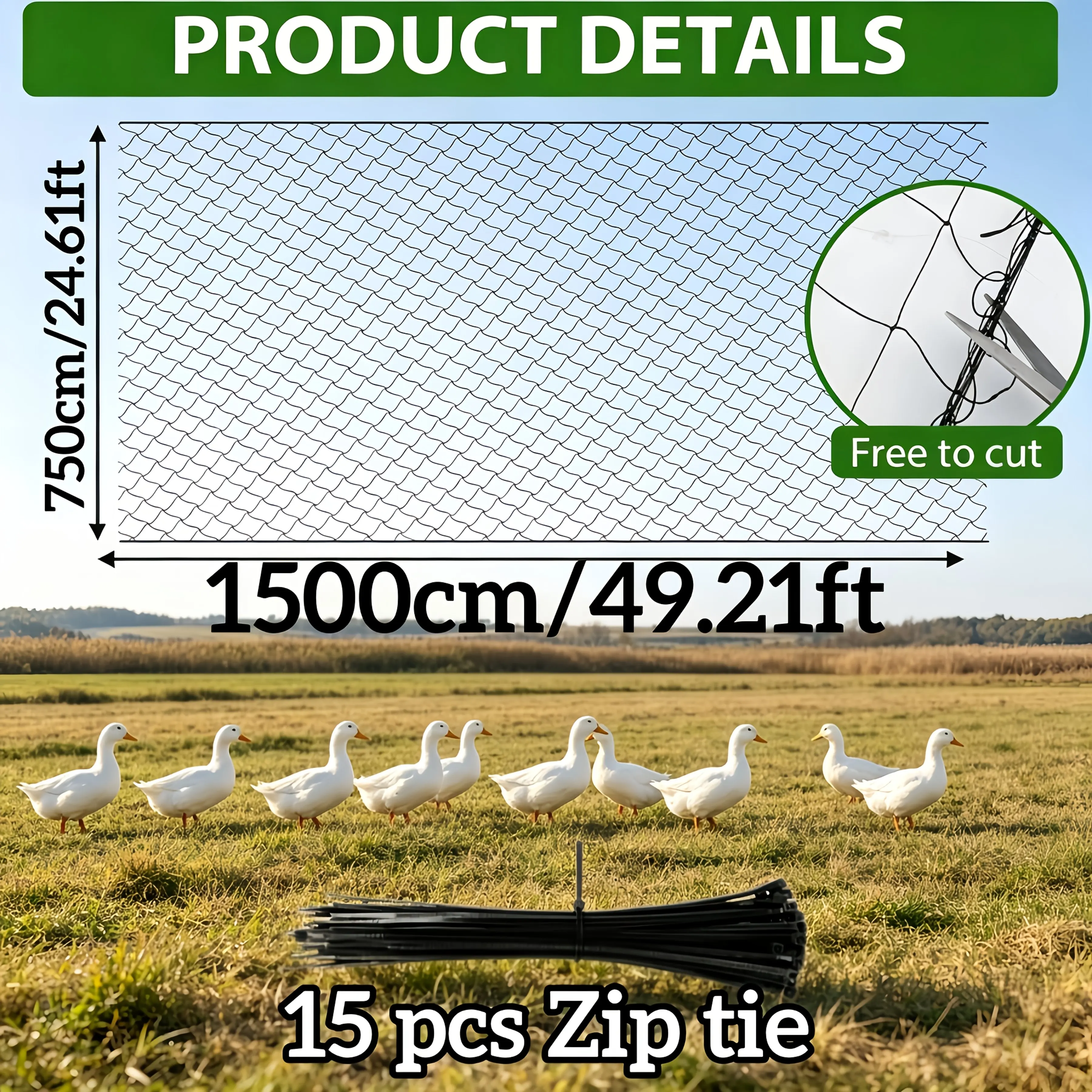Heavy-Duty Duck Cage 49x24ft, Bird Proof Netting for Chicken Coop, Poultry Fence, Garden Climbing Net with 15 Cable Ties