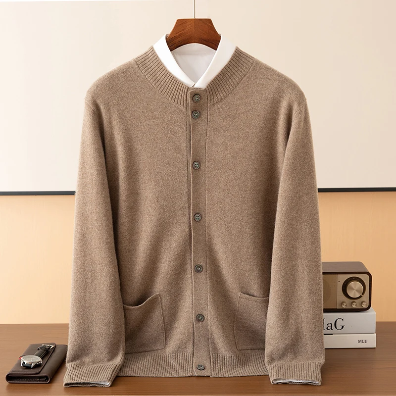 Fall/Winter Half-high Neck 100% Pure Wool Men's Button Jacket Cardigan Leisure Business Solid Color Knitted Bottom Shirt