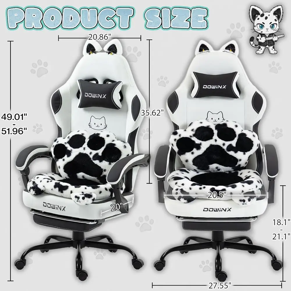 Ergonomic Reclining Gaming Chair with Cat Ears & Paw Lumbar Pillow, Memory Foam Cushion, 300lbs Capacity, Cute & Comfortable for