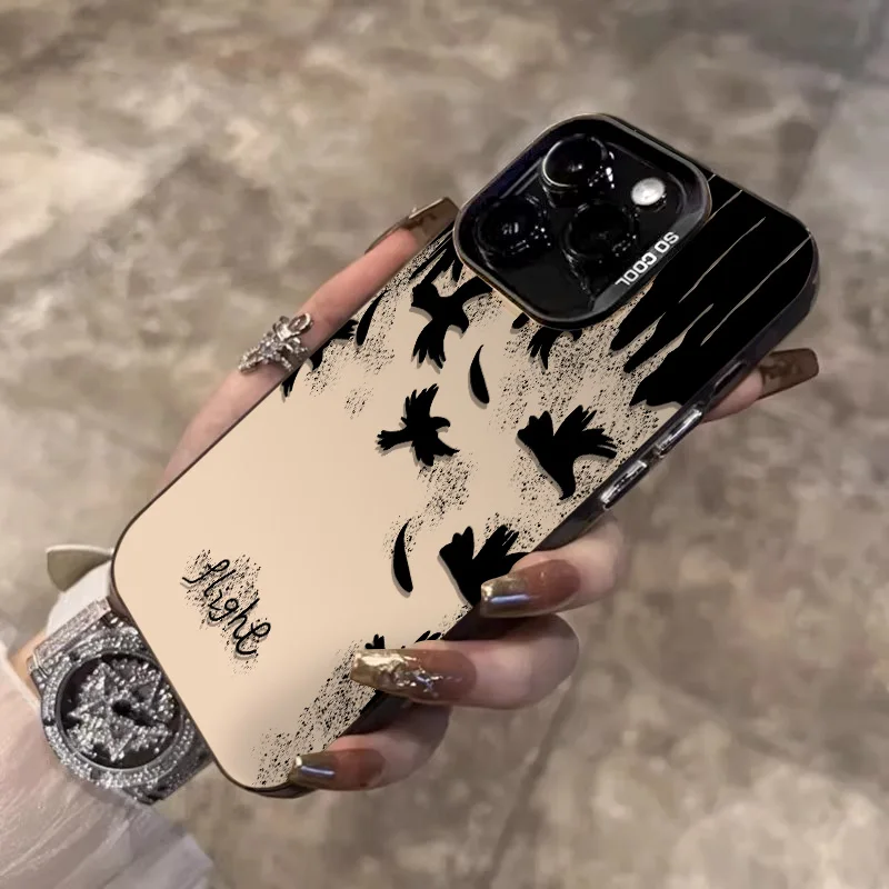 Phone Cases iphone 15 ProMax Case 11 13 12 14 Pro 7 8 Plus X XSMax XR Mini SE 2022 Laser Plated Shockproof Cover With Black Bird