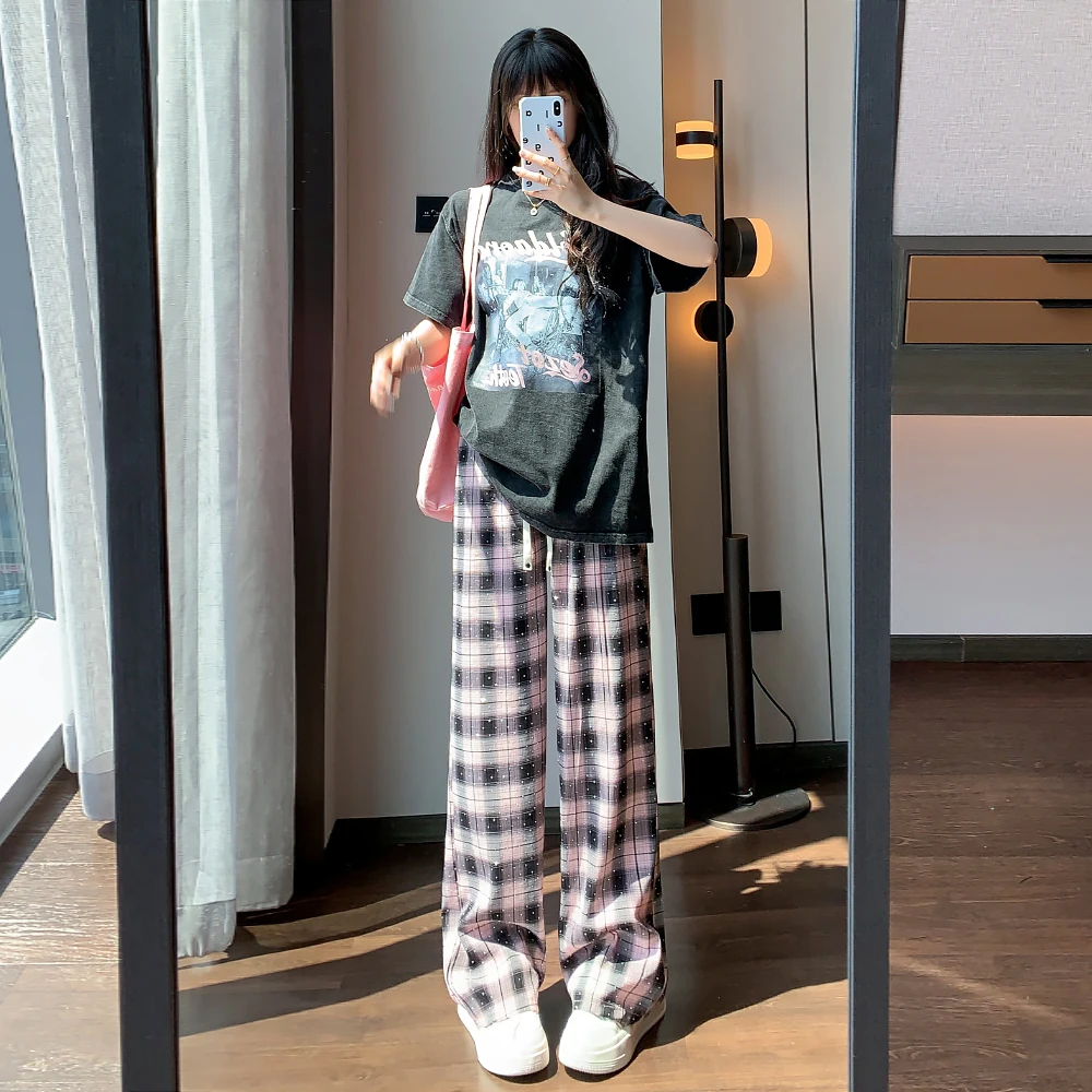 

TRAF Summer Casual Hot Drilling Droop Plaid Print Pant High Waist Loose Straight Wide-leg Pants Lazy Wild Pants