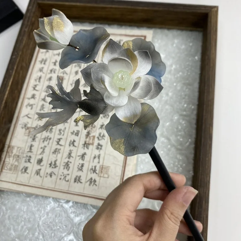 

Термоусадочная китайская чернильная шпилька с изображением лотоса и золотой рыбки, ручная работа, Hanfu Qipao, аксессуар для чайной церемонии, винтажный культурный подарок, регулируемый