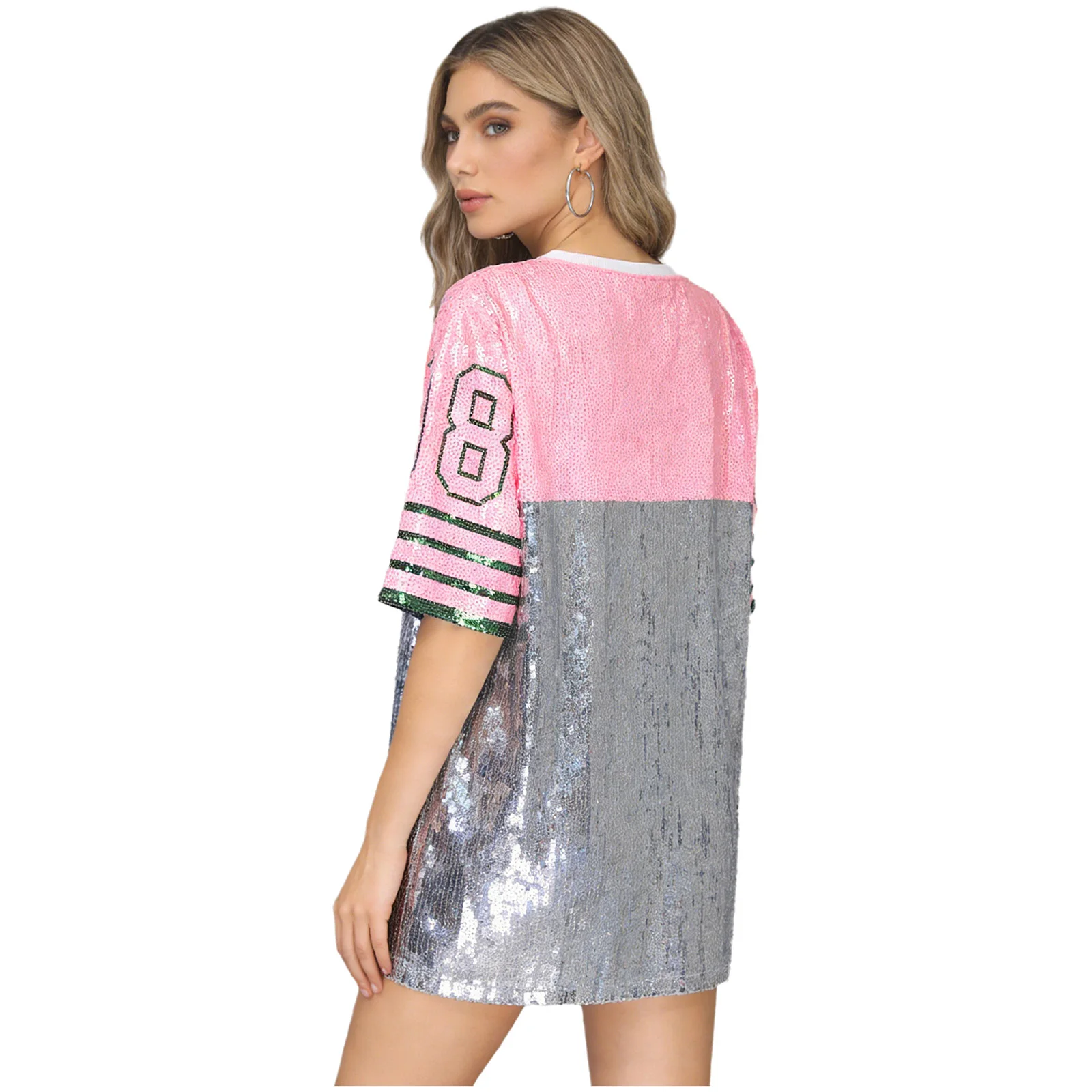 Womens Hip Hop Sporty T-shirt Allover Sequins Number Graphic 3/4 Sleeve Oversized Blouse Top for Watching Ball Game Rave Party