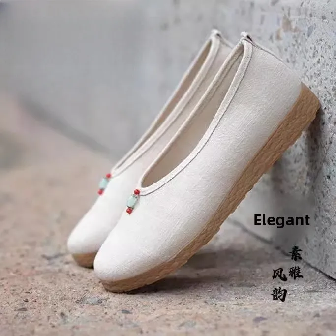 New Style Beijing Cotton Linen Flat Bottom Hanfu Women's Shoes Embroidered Ethnic Style Single Shoes Fashionable round Toe
