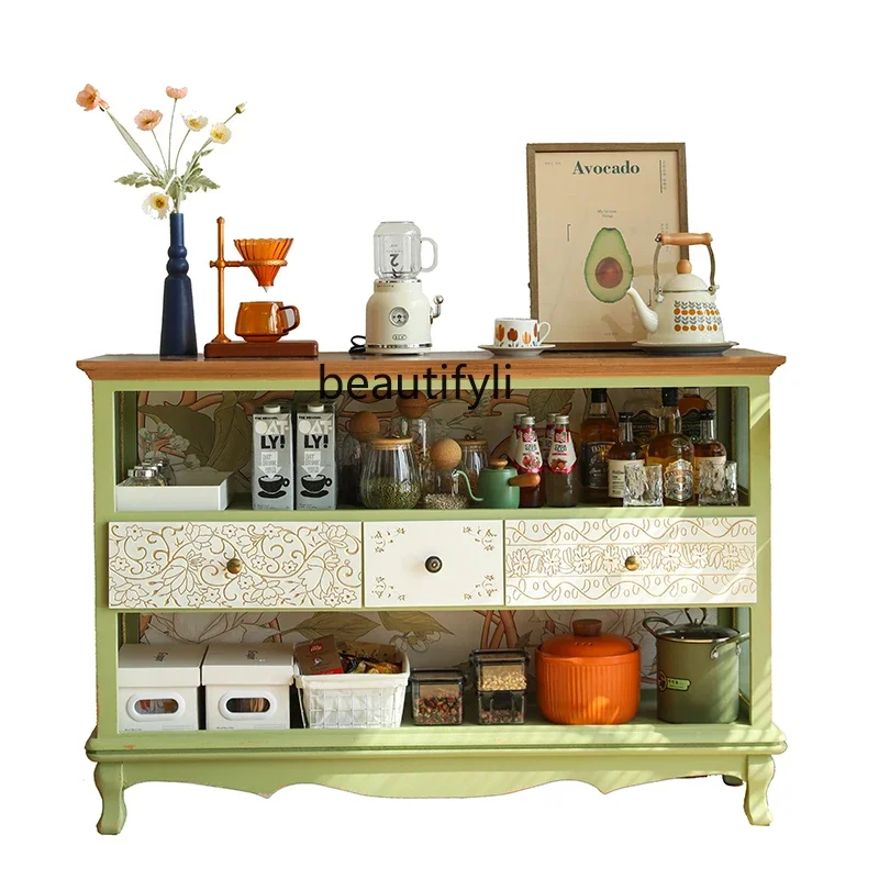 new styleAmerican-Style Retro Green Carved Sideboard Cabinet Home Living Room European-Style Display Cabinet Wall Storage ss 730