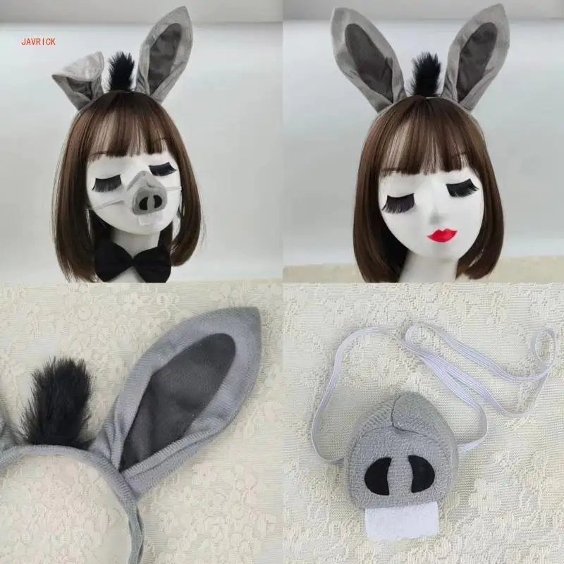 N1HE accesorios disfraz burro para niños, diadema con orejas burro, guante nariz con cola burro, pajarita para