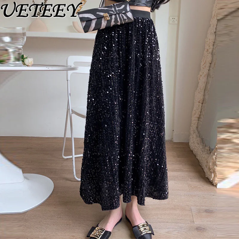 

Celebrity Fashion Sequined Mid-length Skirt 2025 Summer New Faldas Sequins Sparkling Elegant and Thin Elastic Waist Long Skirt