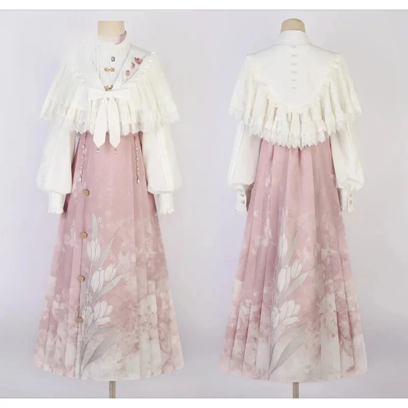 

Lolita Original Sweet Flower Hanfu National Style Element New Chinese Horse Skirt Set Autumn Winter New Long-sleeved Shirt pink