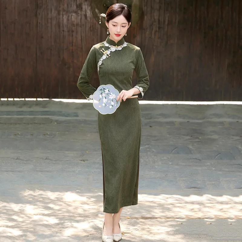 

Yourqipao зимнее утолщенное зеленое Cheongsam с длинными рукавами в стиле ретро, банкетное Ципао, вечернее платье в китайском традиционном стиле для женщин