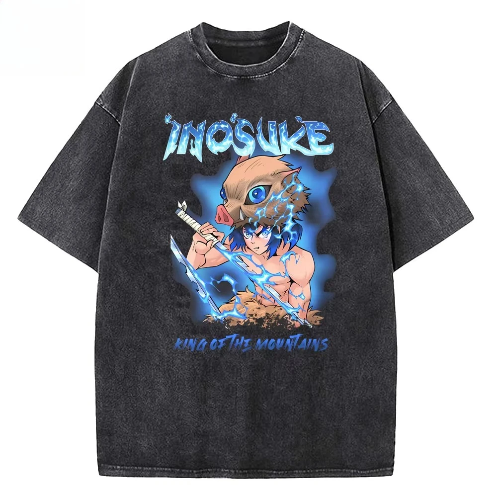 Anime Movie Demon Slayer Infinity Castle Washed T-shirt Men Fashion Vintage Tshirt Summer Casual Cotton T Shirt Top Men Clothing