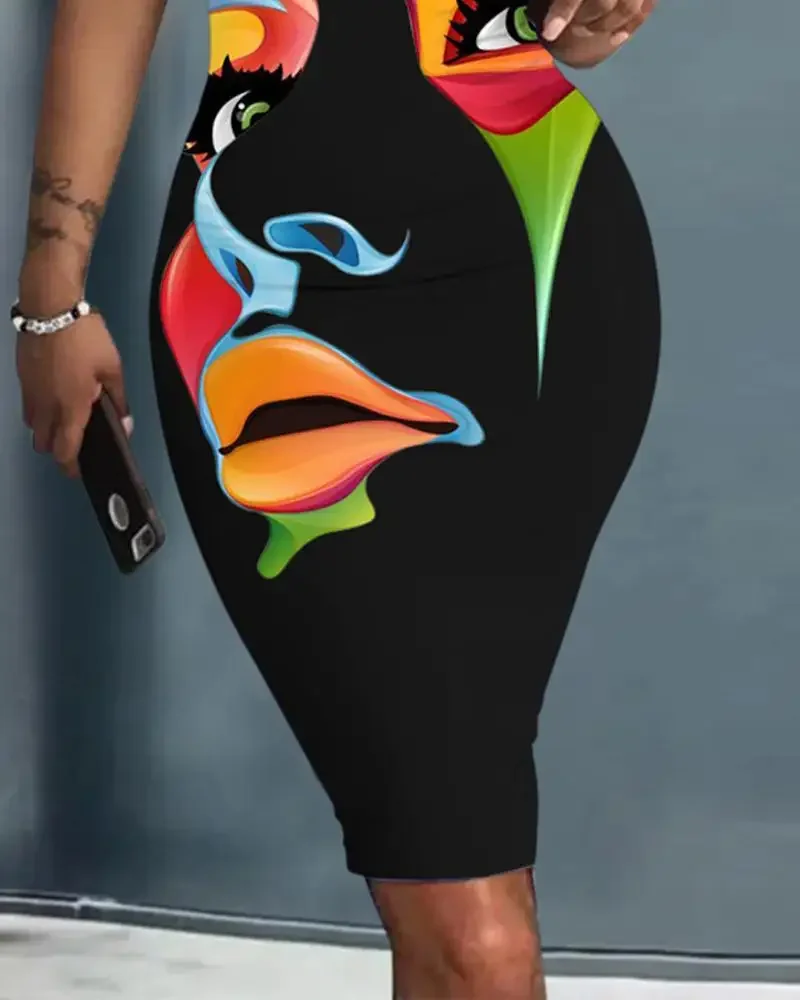 Vestido corto ajustado sin mangas con estampado de figuras abstractas para mujer, minivestido ajustado con cuello en U de cintura alta para