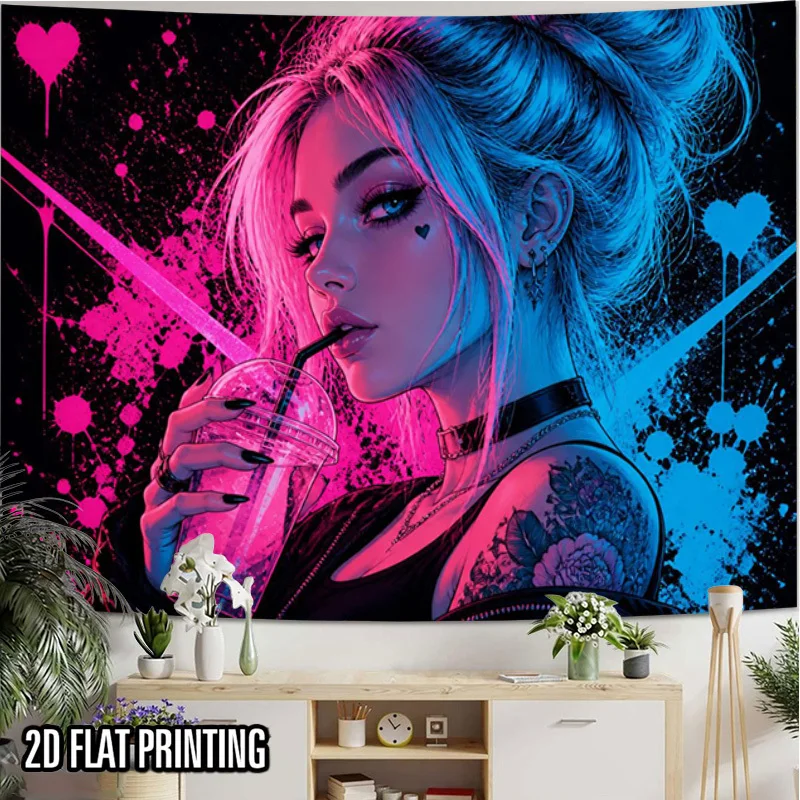 Neon Cyberpunk Girl Tapestry, Pink Blue Vaporwave Art, Tattooed Woman Wall Hanging, Edgy Gamer Room Decor, Aesthetic Dorm