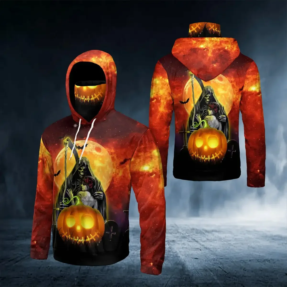 PLstar Cosmos Halloween Reaper Skull 3D All Over Printed Men's Fashion Bandana Hoodie Unisex Casual hoodie with mask MZH01