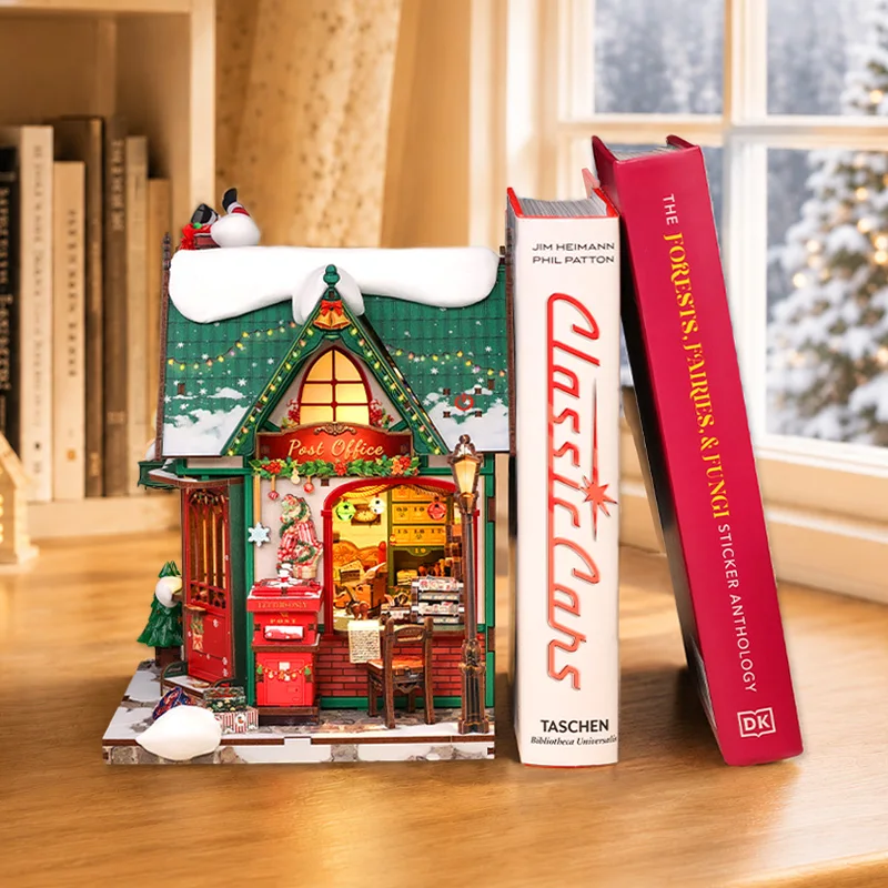 CUTEBEE 283pcs 3D Wooden Puzzle Book Nook Snowy Night Post Christmas Theme Decorative Bookshelf Original Design Christmas Gift