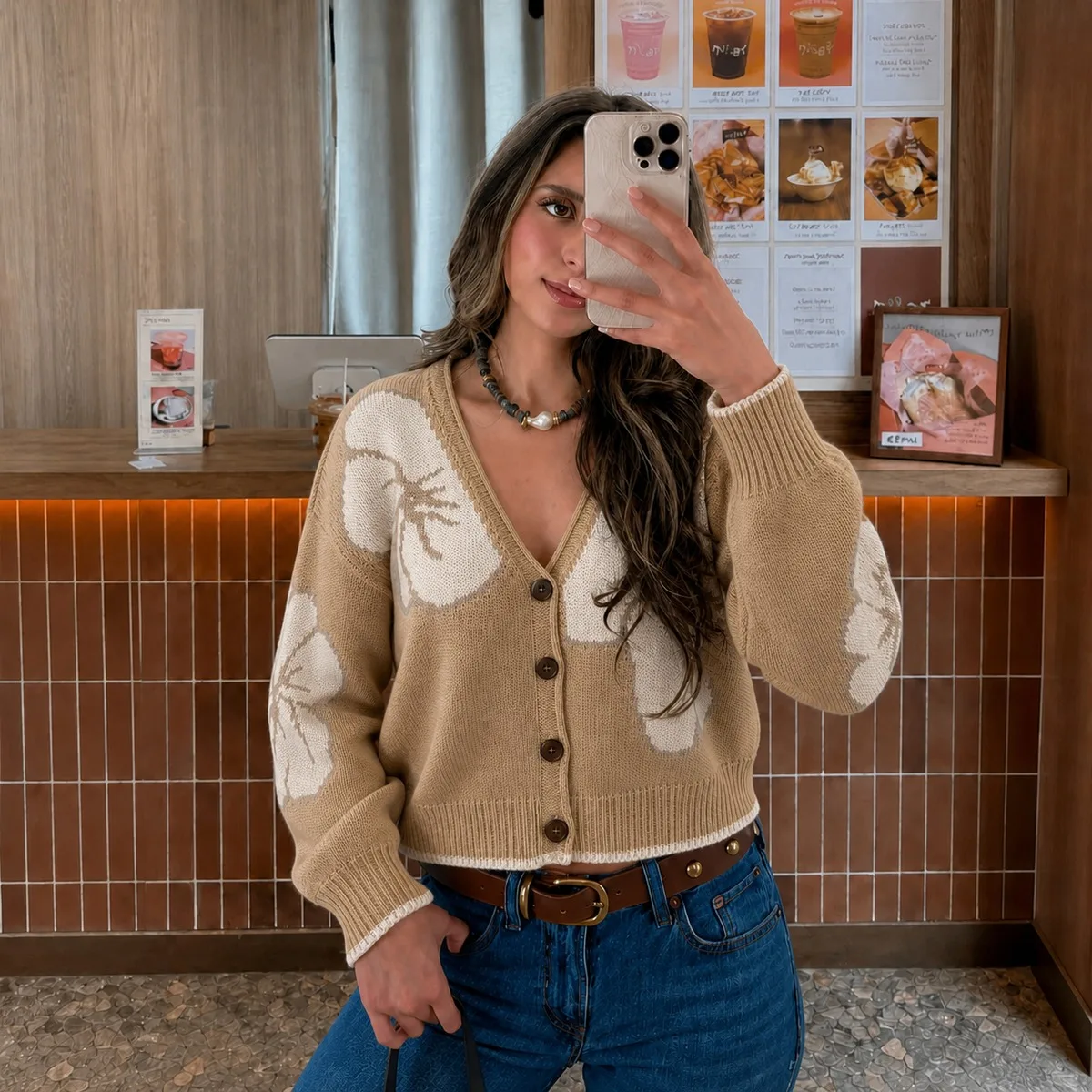 Retro Women Floral Knit Cardigan V Neck Button Down Long Sleeve Sweater Color Block Jacquard Cardigan Casual Loose Sweater Coat