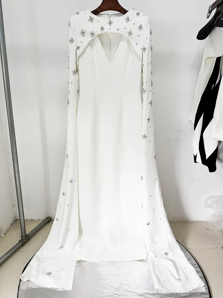 HIGH STREET 최신 2025 디자이너 Vestido 여성용 다이아몬드 페르시 케이프 슬리브 바닥 길이 맥시 롱 드레스