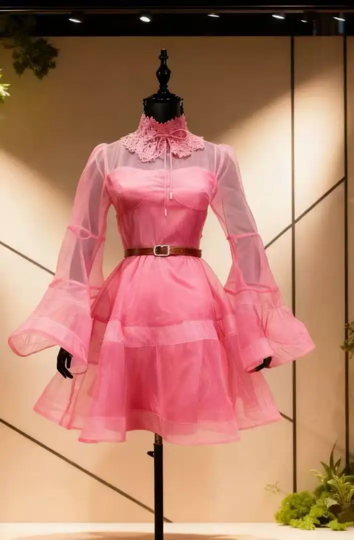 2025年ファッショナブルでエレガント、セクシーな赤いチュールシアーメッシュスカート、長袖フリル付き、女性用ストリートウェア、パーティー、イブニング、デートナイトに