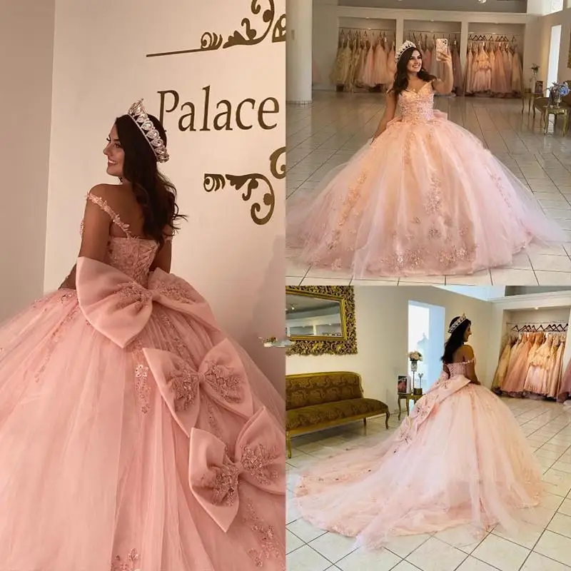 ANGELSBRIDEP Rosa Bogen Quinceanera Kleider Off Schulter Floral Perlen Spitze Vestidos De 15 Anos Formales Party Prom Kleider Korsett