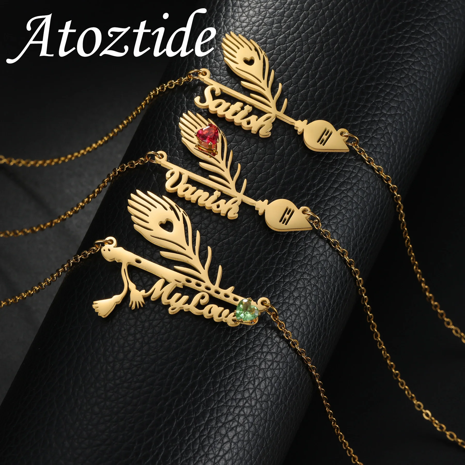

Atoztide Custom Name Necklace for Women Peacock Feather Arrow Pendant Stainless Steel Jewelry Chain Personalized Birthday Gift