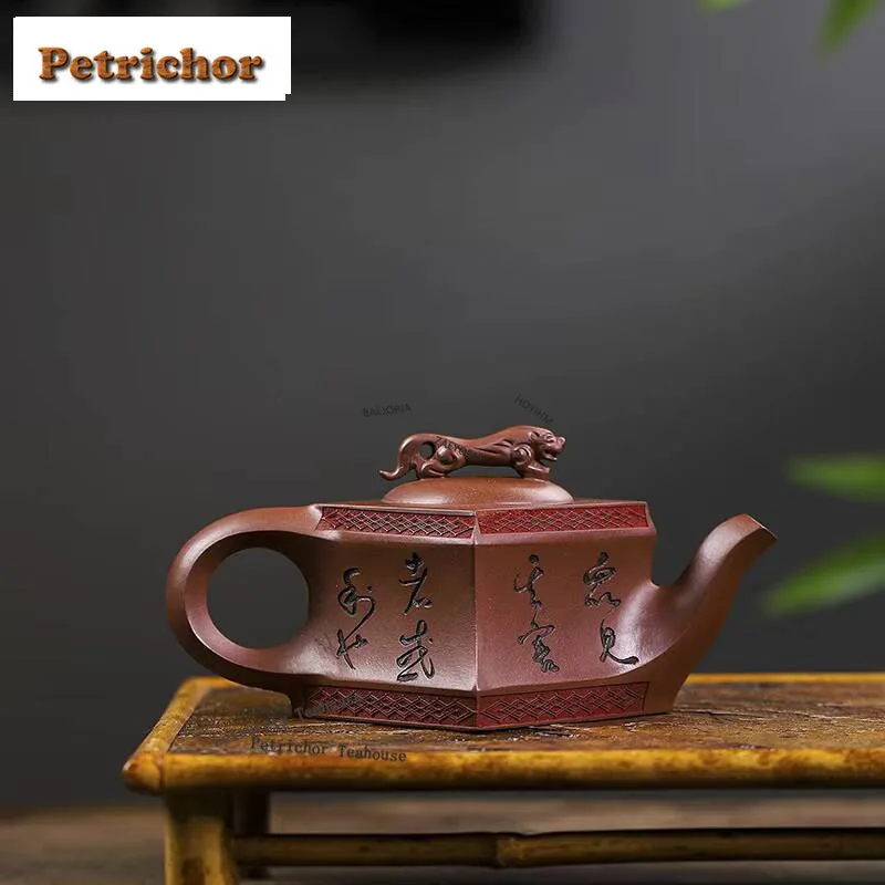 HOYIHM 150Ml Handmade Yixing Purple Clay Pot Foursquare Leopard Teapot Creative Carved Raw Ore Mud Tea Maker Kettle Items Gifts