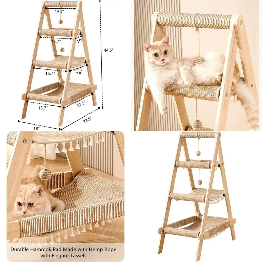 

3-Tier Contemporary A-Frame Cat Tree with Ladder, Beds, Hammock, Scratch Post, and Toy for Large Cats (Beige)
