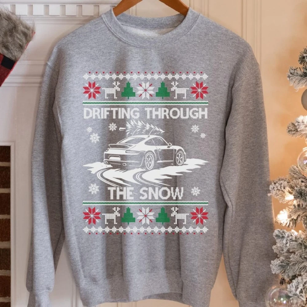 Drifting Through Snow Christmas Sweatshirt Car Guy Gift Unisex Men Hoodie Spring Autumn Winter Thermal Hoodie Long Sleeve Hooded
