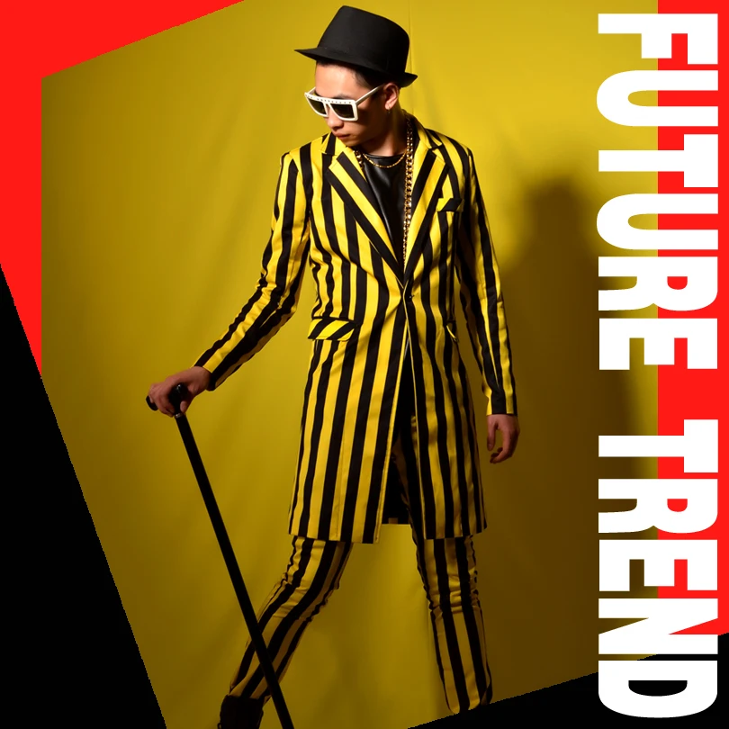 New Men's Fashion Slim DJ Stripes Medium Length Suit Spring Plus Size Jacket  Dress Male Singer Blazers Coats Costumes Clothing