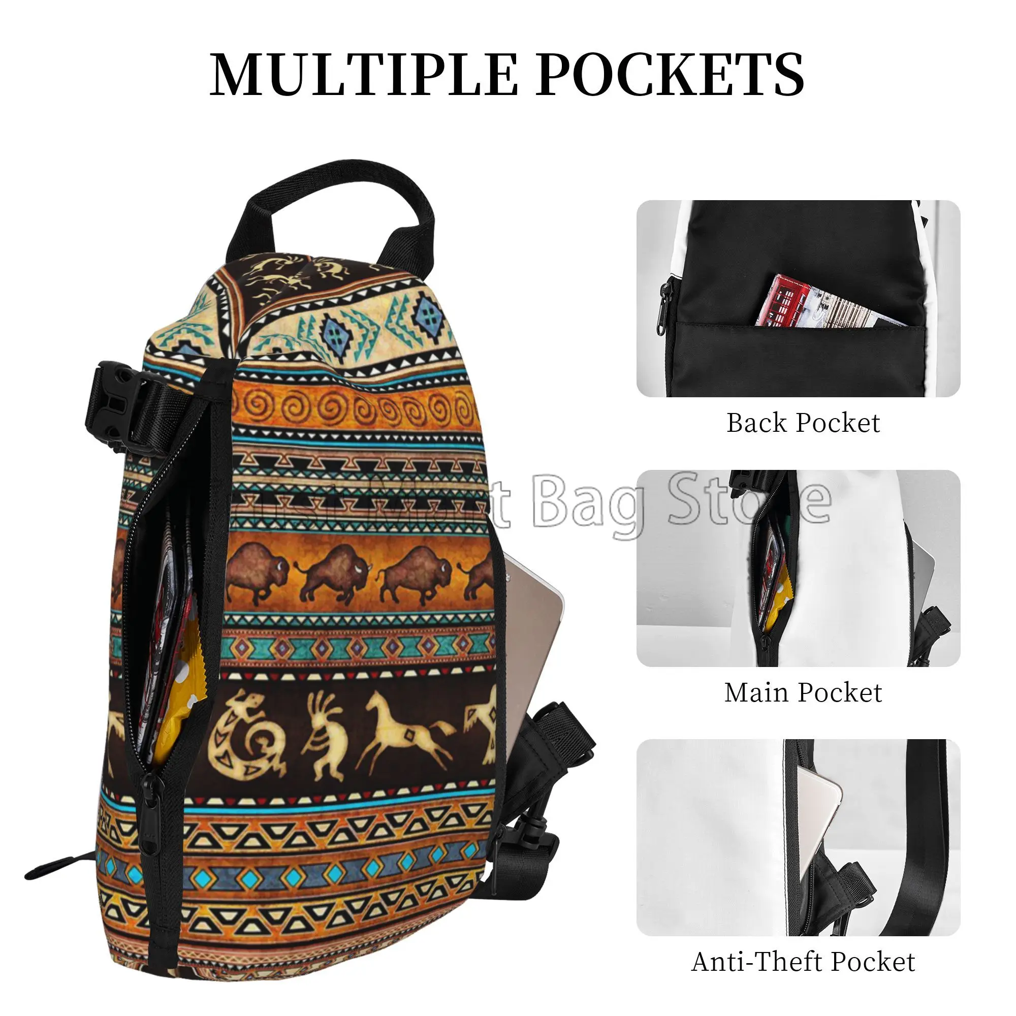 Boho Ethnic Pattern Sling Bag Crossbody Backpack Unisex Casual Chest Bag with Adjustable Shoulder Travel Hiking Casual Daypack