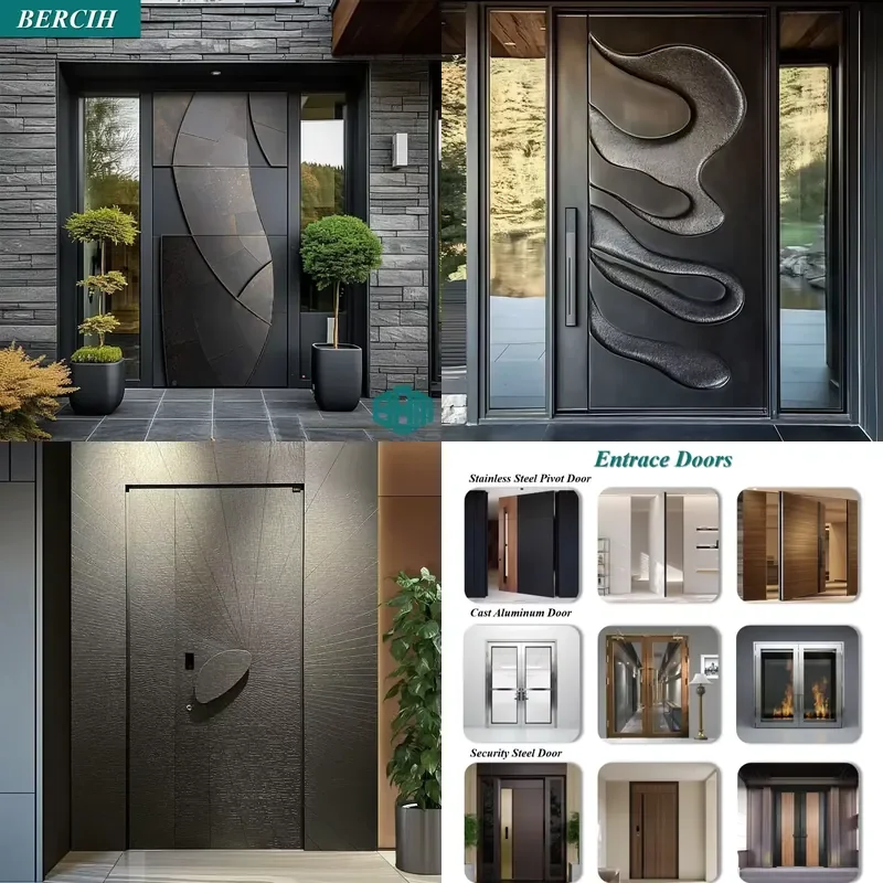 Customized Security Carved Cast Aluminum Front Door Residential Wooden Pivot Main Entrance Door Design