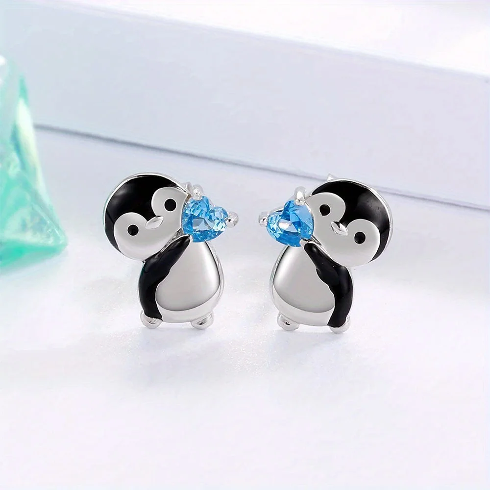 Cute Little Penguin Blue Heart Stud Earrings, Cool Party Jewelry, Valentine\'s Day Gift for Women Mom Family Friends Anniversary