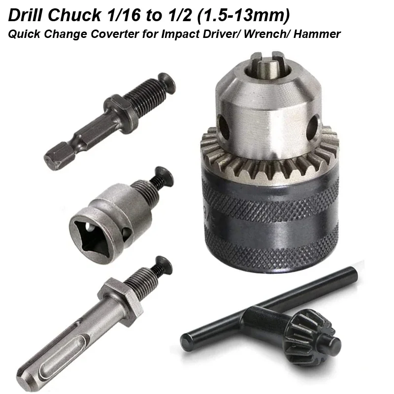 1.5-13mm Converter 1/2 20UNF Key Drill Chuck Thread Quick Change Adapter SDS 1/4 Impact Driver Wrench Bit Connecting Rod Hex