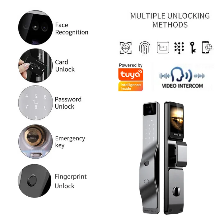 Glomarket Tuya App Smart Door Lock Digital Automatic 3D facial recognition Fingerprint Key Password Smart Door Lock with Camera