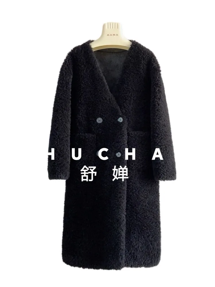 100% Wollen Jas Vrouwen Nieuwe Warme Schapen Scheren V-hals Lange Wind Jas Herfst en Winter Casaco Feminino De Inverno Super Quente