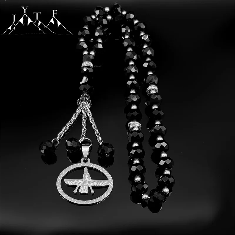 Iranian Cuture Mazda Religion Car Pendant for Women Men Stainless Steel Silver Color Zoroastrianism Black Glass Chain Jewelry