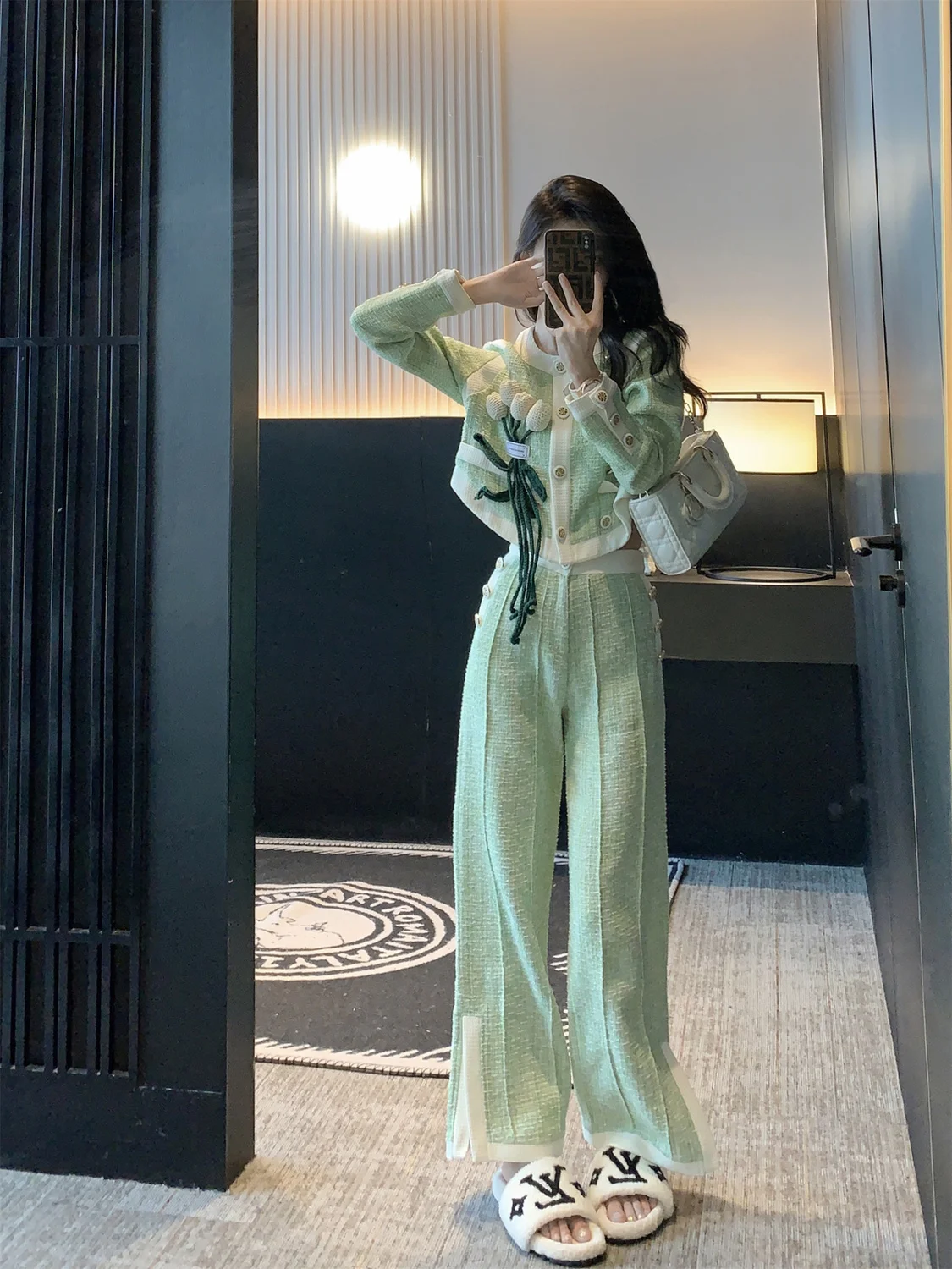 Autumn and winter new fashionable small fragrance style set casual top+temperament high-end wide leg pants two-piece set