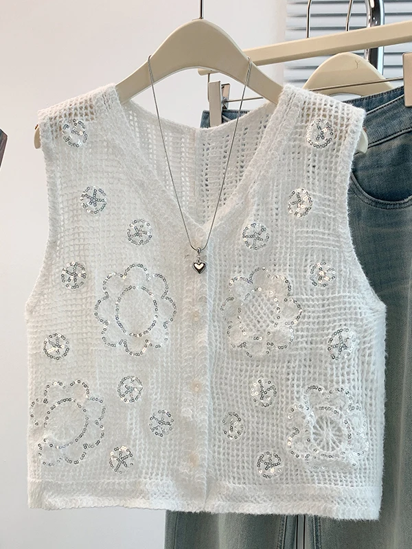 Authentic Initial Autumn Hollow out Hook Flower Anti-Aging High-End Sequin Open Cardigan Vest Bright Sparkling Women's Top