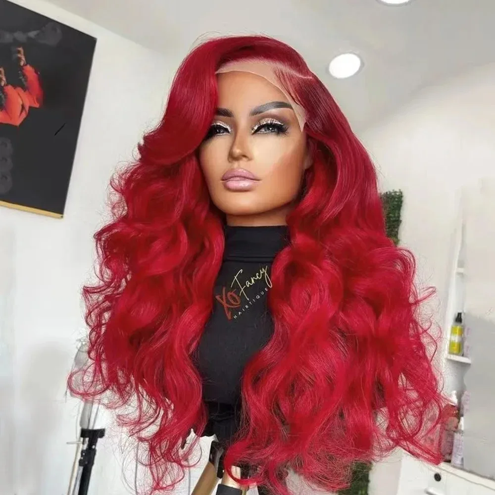 Hot Red Lace Wigs Long Body Wavy Wigs for Women Synthetic Free Part Loose Deep Wave 13X4 Colored Wigs for Daily Party Cosplay
