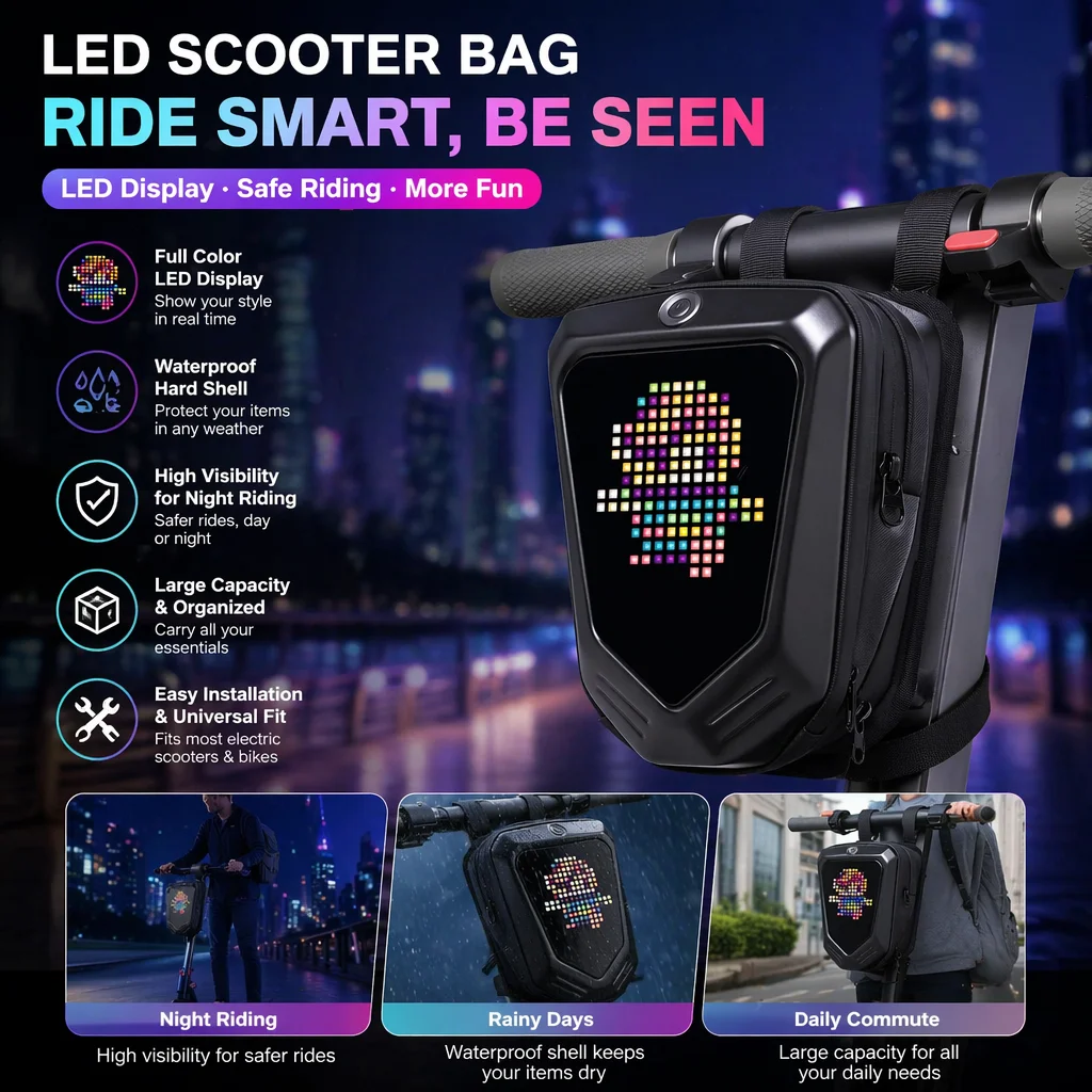 SCT-4 Programmable LED Display Scooter Handlebar Bag Waterproof Hard Shell Storage Bag for E-Scooter E-Bike Night Riding