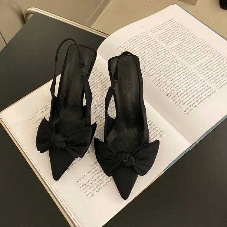 2024 Summer Brand Women Slingback Sandals Heeled Shoes Fashion Bow-knot Pointed Toe Slip on Ladies Elegant Dress Pumps Shoes