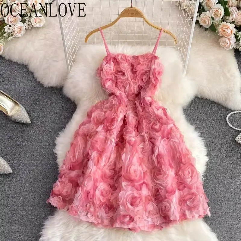 OCEANLOVE 2024 Spring Summer Dresses for Women Flowers Sweet Elegant Vestidos Sleeveless Korean Fashion Retro Mini Dress