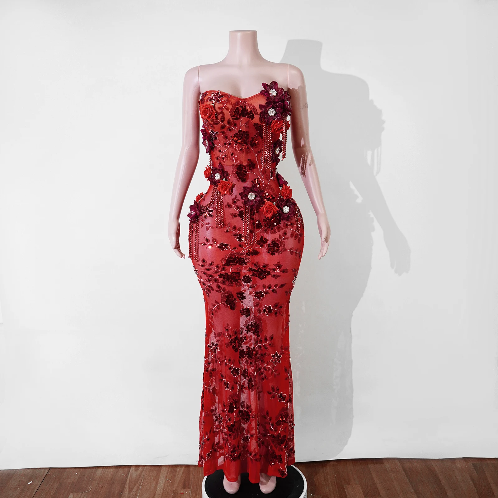 Sexy Red Sheer Mermaid Evening Dress 3D Floral Beaded Sequins Prom Gown Women Formal Party Graduation Wedding Guest Dress Stage