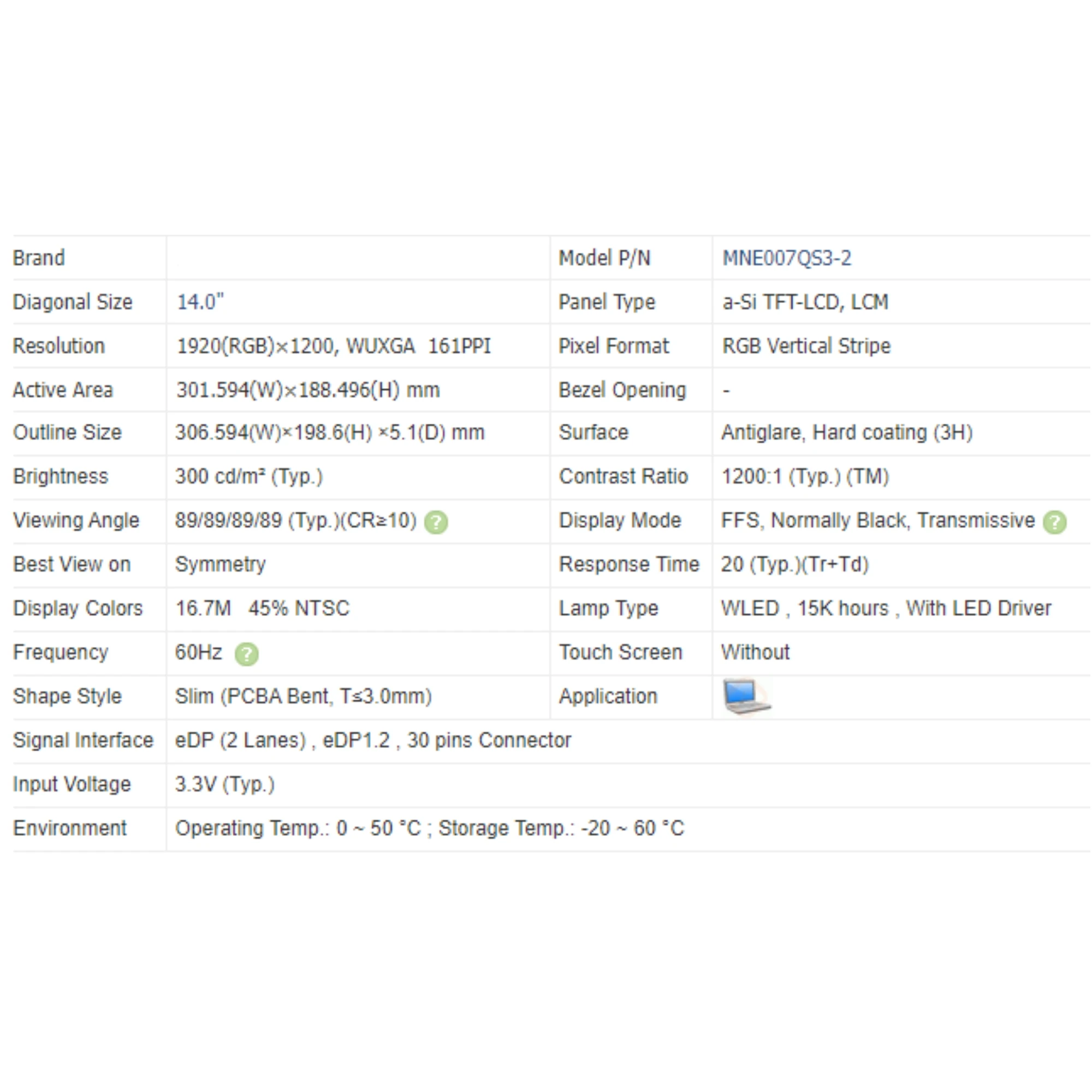 

MNE007QS3-2 14.0 inch 1920x1200 IPS Laptop LCD screen Replacement Display Panel Matrix